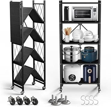 Étagère de cuisine métallique pliable avec roulettes – grand espace de rangement﻿